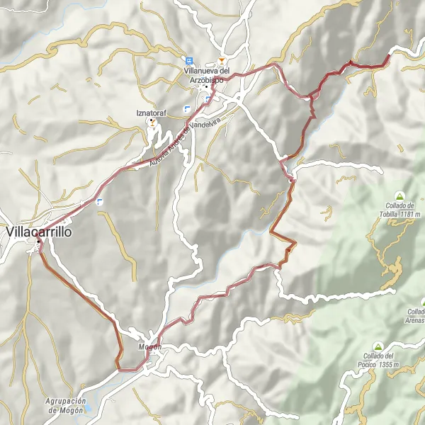 Map miniature of "Villacarrillo to Mogón Gravel Cycling Route" cycling inspiration in Andalucía, Spain. Generated by Tarmacs.app cycling route planner