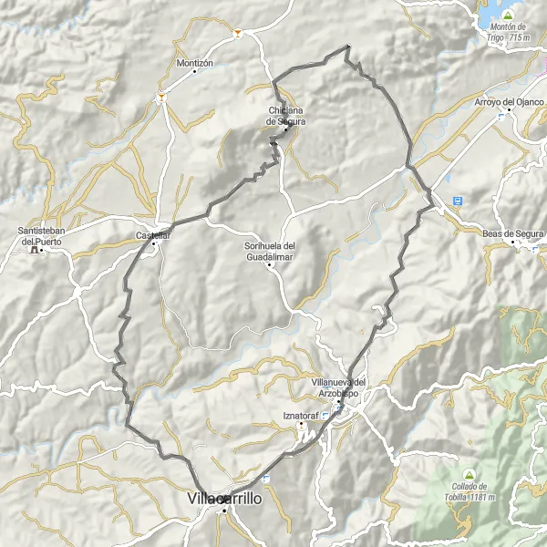 Map miniature of "Villacarrillo to Gútar Road Cycling Route" cycling inspiration in Andalucía, Spain. Generated by Tarmacs.app cycling route planner