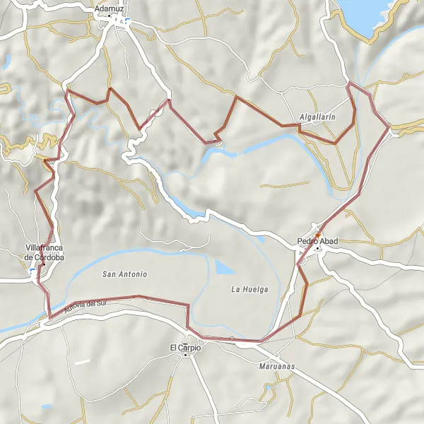 Miniatura della mappa di ispirazione al ciclismo "Percorso di 39 km gravel vicino a Villafranca de Córdoba" nella regione di Andalucía, Spain. Generata da Tarmacs.app, pianificatore di rotte ciclistiche