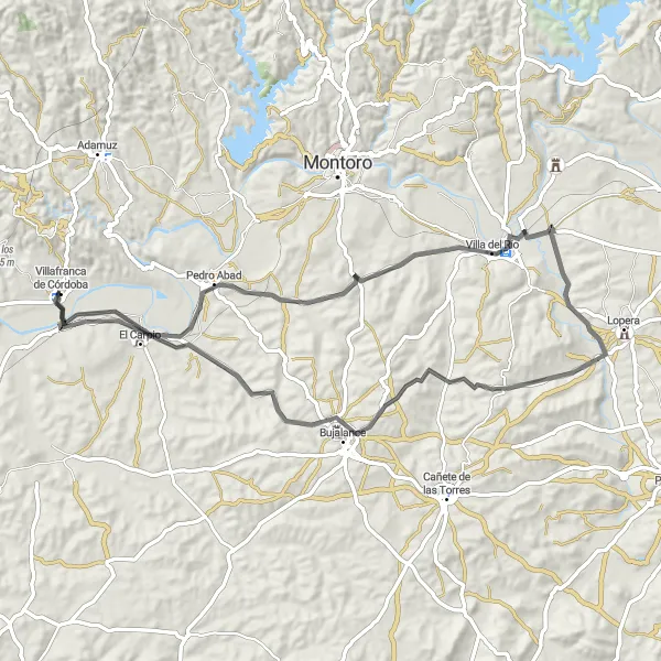 Miniatura della mappa di ispirazione al ciclismo "Percorso tra Villafranca de Córdoba e Maruanas" nella regione di Andalucía, Spain. Generata da Tarmacs.app, pianificatore di rotte ciclistiche