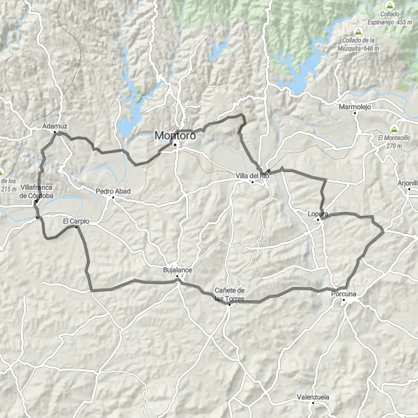 Miniatura mapy "Trasa w górzystym terenie przez miejscowość Villafranca de Córdoba do El Carpio" - trasy rowerowej w Andalucía, Spain. Wygenerowane przez planer tras rowerowych Tarmacs.app