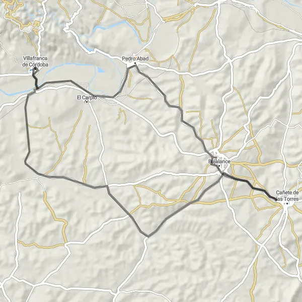 Miniatura della mappa di ispirazione al ciclismo "Giro in bicicletta da Villafranca de Córdoba a Cañete de las Torres" nella regione di Andalucía, Spain. Generata da Tarmacs.app, pianificatore di rotte ciclistiche