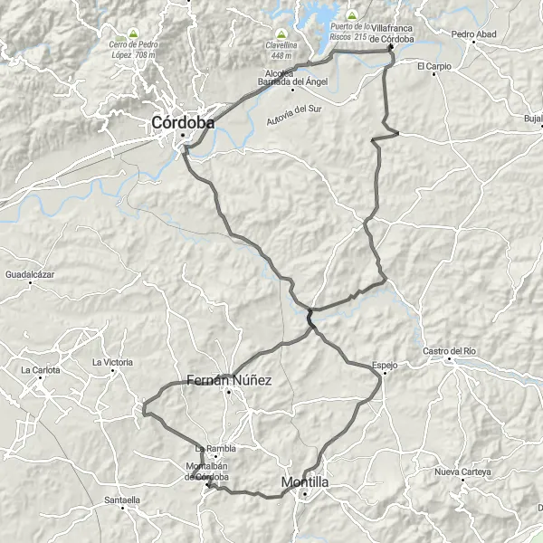 Miniatura della mappa di ispirazione al ciclismo "Cicloturismo di 154 km strada da Villafranca de Córdoba" nella regione di Andalucía, Spain. Generata da Tarmacs.app, pianificatore di rotte ciclistiche