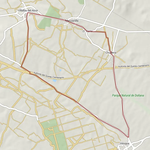 Miniatura mapy "Trasa Gravel Manzanilla-Chucena-Hinojos-Villalba del Alcor" - trasy rowerowej w Andalucía, Spain. Wygenerowane przez planer tras rowerowych Tarmacs.app