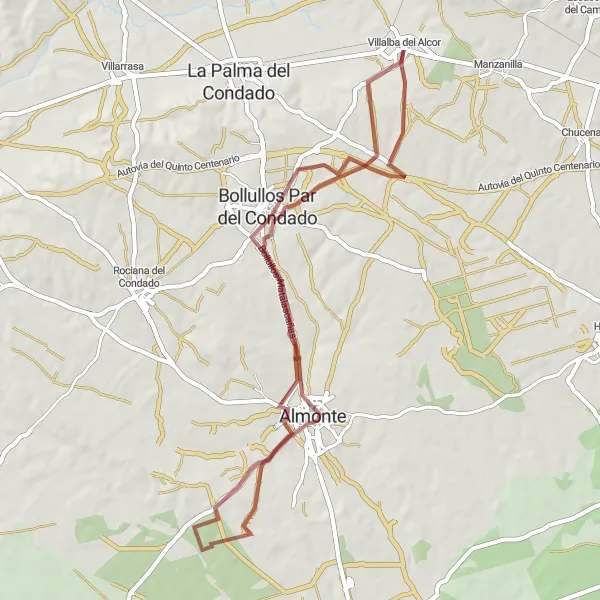 Miniatura mapy "Trasa Villalba - Almonte - Bollullos Par del Condado" - trasy rowerowej w Andalucía, Spain. Wygenerowane przez planer tras rowerowych Tarmacs.app