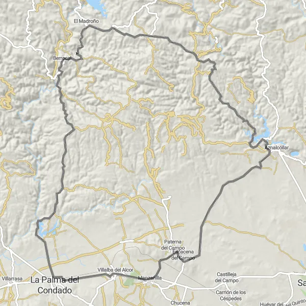 Miniaturní mapa "Okruh na kole La Palma del Condado - Villalba del Alcor" inspirace pro cyklisty v oblasti Andalucía, Spain. Vytvořeno pomocí plánovače tras Tarmacs.app