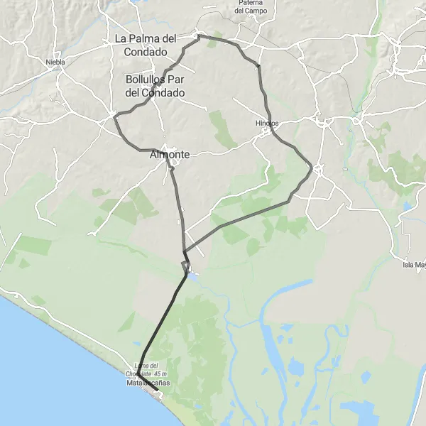 Miniatura mapy "Trasa przez Manzanillę do Bollullos Par del Condado" - trasy rowerowej w Andalucía, Spain. Wygenerowane przez planer tras rowerowych Tarmacs.app