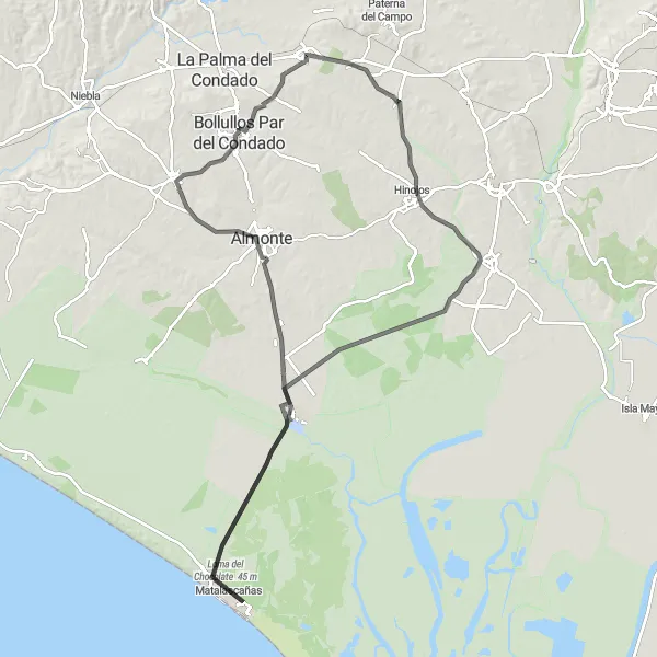 Miniaturní mapa "Cyklotrasa Manzanilla - Bollullos Par del Condado" inspirace pro cyklisty v oblasti Andalucía, Spain. Vytvořeno pomocí plánovače tras Tarmacs.app