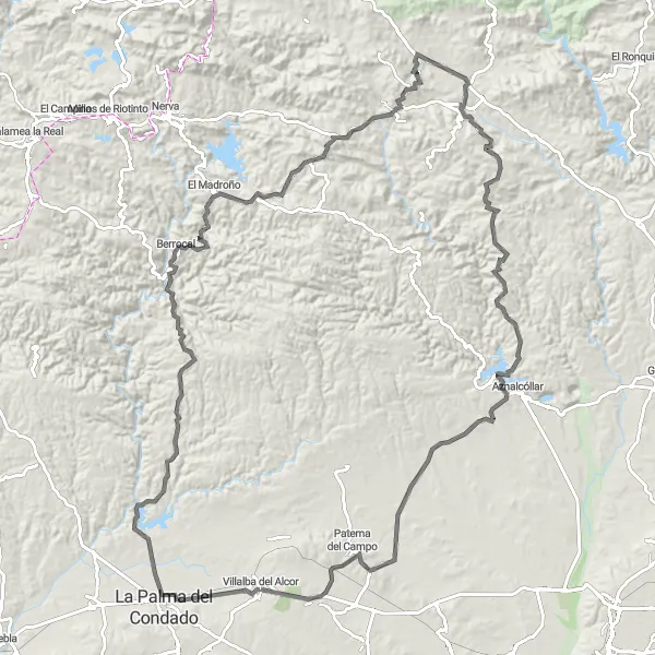 Miniaturní mapa "Road Cycling Tour to Aznalcóllar and El Madroño" inspirace pro cyklisty v oblasti Andalucía, Spain. Vytvořeno pomocí plánovače tras Tarmacs.app