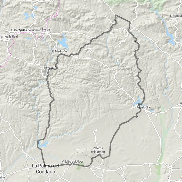 Miniatuurkaart van de fietsinspiratie "Rit door La Palma del Condado en El Madroño" in Andalucía, Spain. Gemaakt door de Tarmacs.app fietsrouteplanner