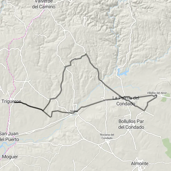 Miniaturní mapa "Villalba del Alcor a Trigueros" inspirace pro cyklisty v oblasti Andalucía, Spain. Vytvořeno pomocí plánovače tras Tarmacs.app