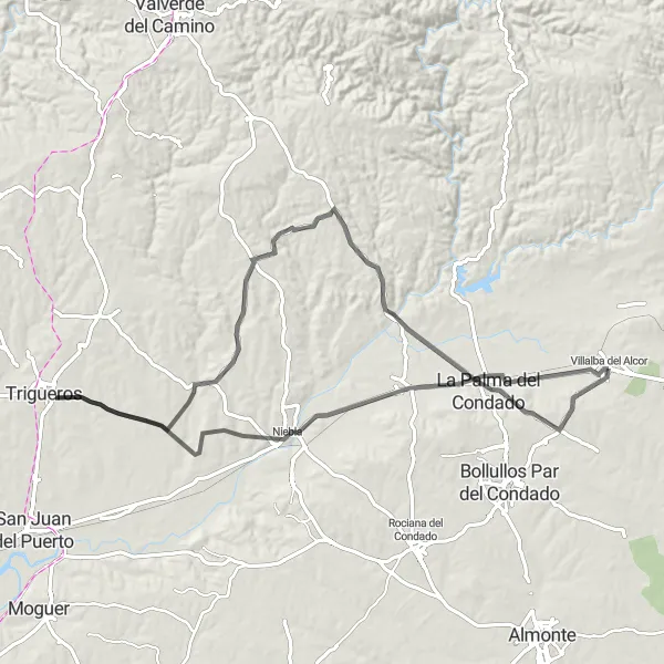 Miniatuurkaart van de fietsinspiratie "Weg route langs Castillo de Niebla en Trigueros" in Andalucía, Spain. Gemaakt door de Tarmacs.app fietsrouteplanner