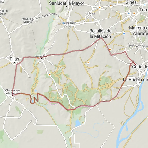 Karten-Miniaturansicht der Radinspiration "Gravel-Tour durch Aznalcázar und Almensilla" in Andalucía, Spain. Erstellt vom Tarmacs.app-Routenplaner für Radtouren