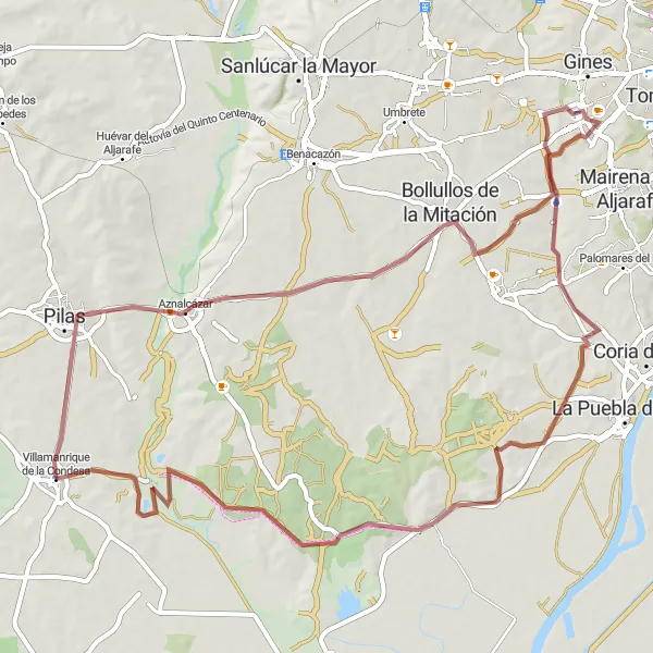 Miniatura mapy "Trasa rowerowa gravel: Villamanrique de la Condesa - Bormujos" - trasy rowerowej w Andalucía, Spain. Wygenerowane przez planer tras rowerowych Tarmacs.app