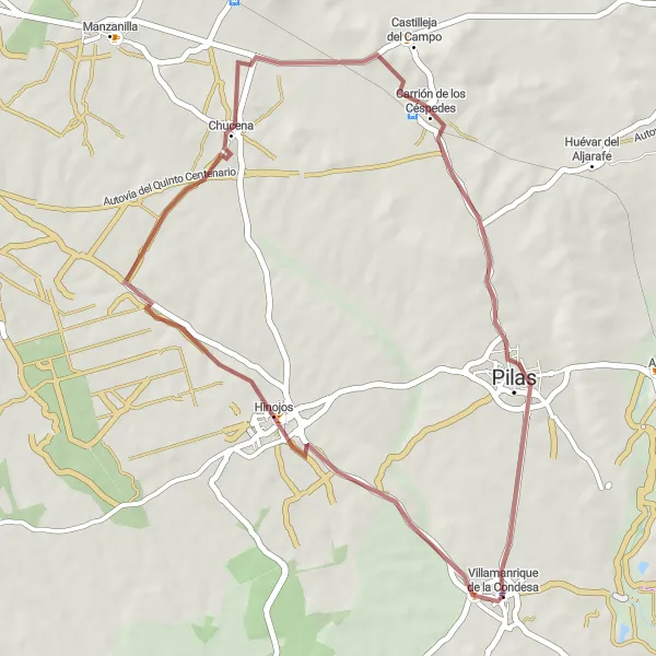 Map miniature of "Gravel cycling adventure to Chucena" cycling inspiration in Andalucía, Spain. Generated by Tarmacs.app cycling route planner