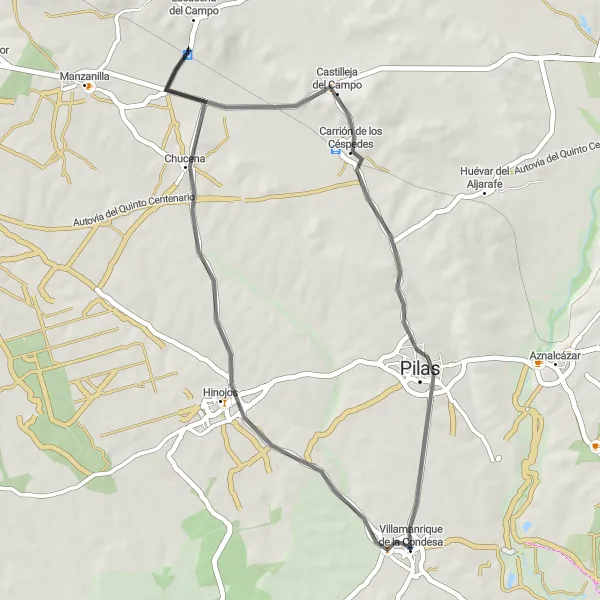 Miniatua del mapa de inspiración ciclista "Recorrido en Carretera a Pilas" en Andalucía, Spain. Generado por Tarmacs.app planificador de rutas ciclistas
