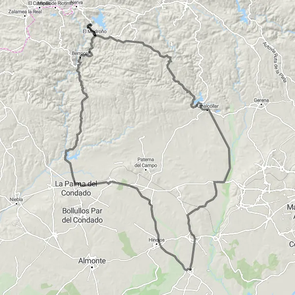 Miniatua del mapa de inspiración ciclista "Desafío en Carretera a Pilas y Aznalcóllar" en Andalucía, Spain. Generado por Tarmacs.app planificador de rutas ciclistas