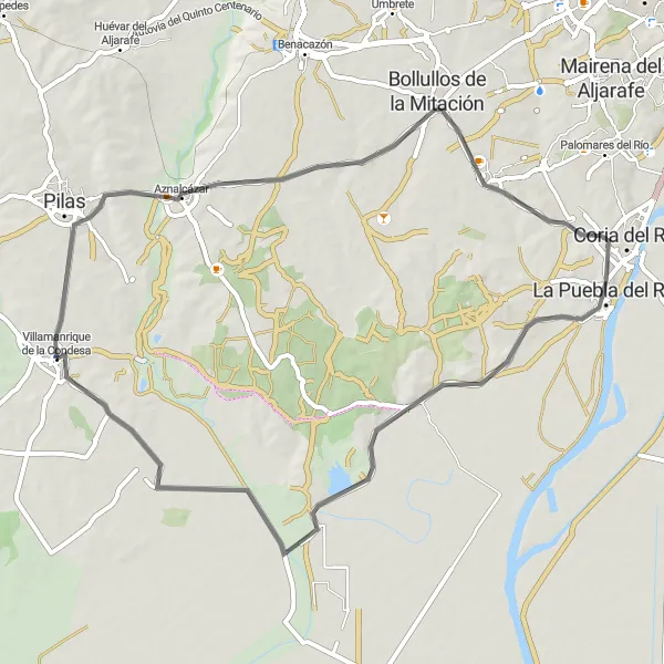 Map miniature of "Road route from Villamanrique de la Condesa" cycling inspiration in Andalucía, Spain. Generated by Tarmacs.app cycling route planner