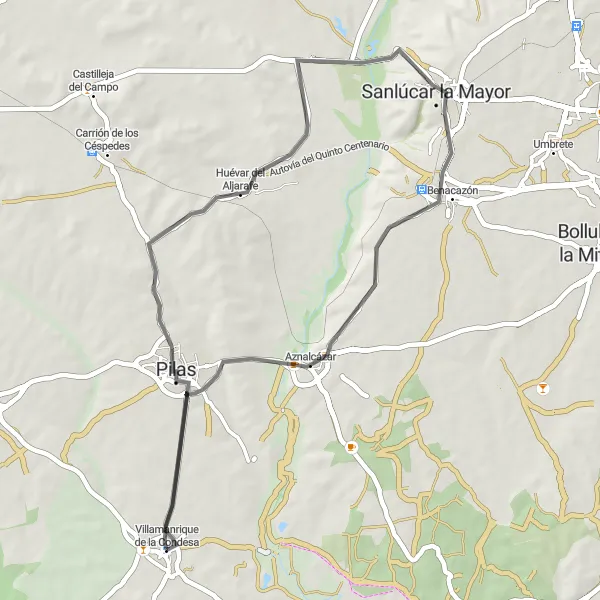 Miniaturní mapa "Okruh k Pilas, španělskými vesnicemi a v horách" inspirace pro cyklisty v oblasti Andalucía, Spain. Vytvořeno pomocí plánovače tras Tarmacs.app