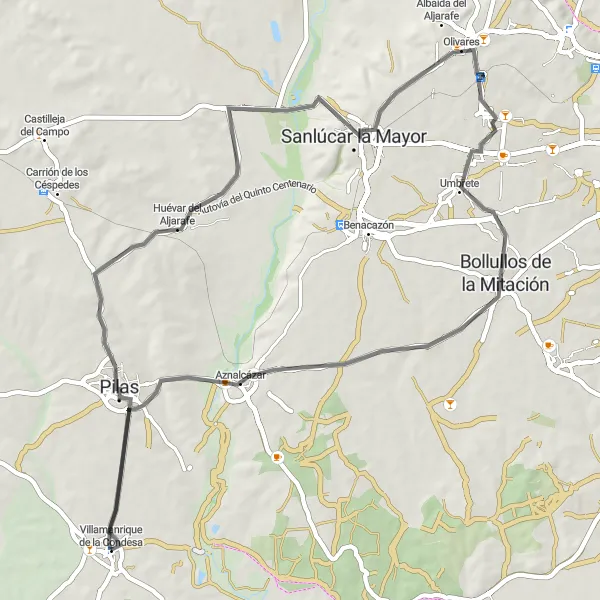 Miniatua del mapa de inspiración ciclista "Ruta de los Olivos" en Andalucía, Spain. Generado por Tarmacs.app planificador de rutas ciclistas