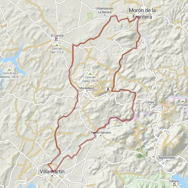 Miniatuurkaart van de fietsinspiratie "Gravelavontuur rond Villamartín" in Andalucía, Spain. Gemaakt door de Tarmacs.app fietsrouteplanner