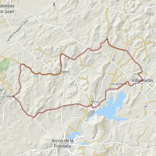 Miniaturní mapa "Villamartín - Coto de Bornos - Palacio de Ribera - Gibalbín - Castillo de Fatetar" inspirace pro cyklisty v oblasti Andalucía, Spain. Vytvořeno pomocí plánovače tras Tarmacs.app