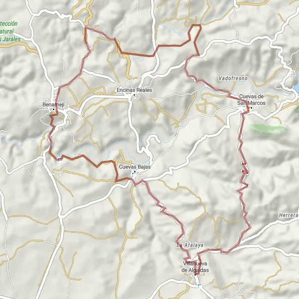 Miniatuurkaart van de fietsinspiratie "Cuevas Bajas - Cuevas de San Marcos Gravel Route" in Andalucía, Spain. Gemaakt door de Tarmacs.app fietsrouteplanner
