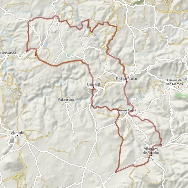 Miniaturní mapa "Cyklotrasa na gravel kolem Villanuevy de Algaidas" inspirace pro cyklisty v oblasti Andalucía, Spain. Vytvořeno pomocí plánovače tras Tarmacs.app