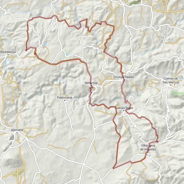 Map miniature of "Hidden Gems of Encinas Reales" cycling inspiration in Andalucía, Spain. Generated by Tarmacs.app cycling route planner