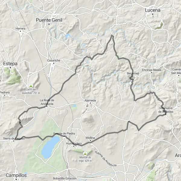 Miniaturní mapa "Cyklotrasa okolo Villanuevy de Algaidas" inspirace pro cyklisty v oblasti Andalucía, Spain. Vytvořeno pomocí plánovače tras Tarmacs.app