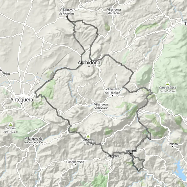 Miniatuurkaart van de fietsinspiratie "Villanueva de Algaidas - Peña de los Enamorados Circular Route" in Andalucía, Spain. Gemaakt door de Tarmacs.app fietsrouteplanner