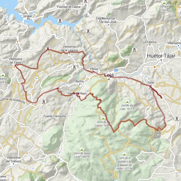 Miniature de la carte de l'inspiration cycliste "Les miradors et les collines de Loja" dans la Andalucía, Spain. Générée par le planificateur d'itinéraire cycliste Tarmacs.app