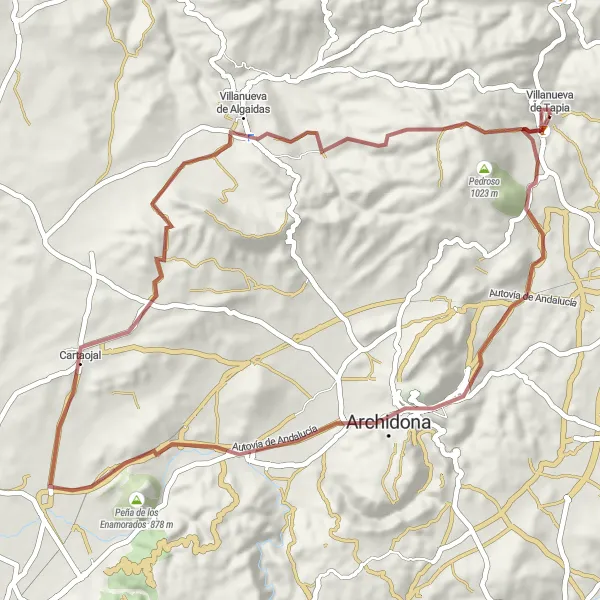 Miniatua del mapa de inspiración ciclista "Ruta de Grava a Villanueva de Tapia" en Andalucía, Spain. Generado por Tarmacs.app planificador de rutas ciclistas