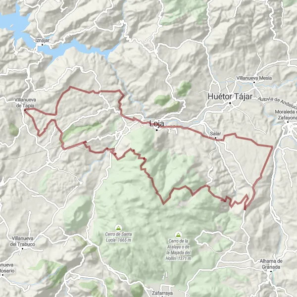 Miniature de la carte de l'inspiration cycliste "Aventure gravel via Mirador Sylvania" dans la Andalucía, Spain. Générée par le planificateur d'itinéraire cycliste Tarmacs.app