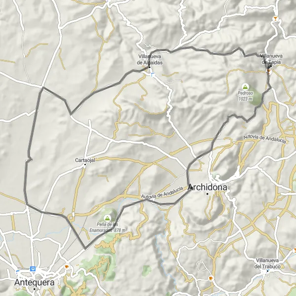 Miniatua del mapa de inspiración ciclista "Ruta Escénica a Peña de los Enamorados" en Andalucía, Spain. Generado por Tarmacs.app planificador de rutas ciclistas