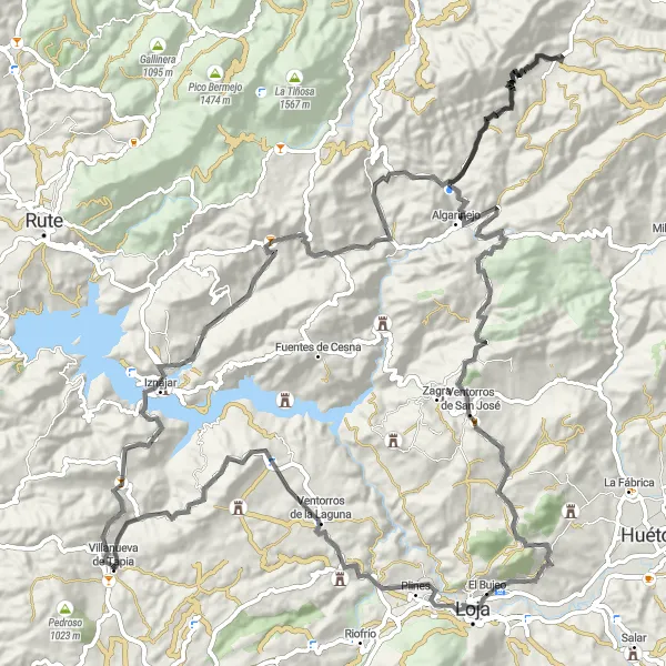 Miniatura della mappa di ispirazione al ciclismo "Giro in bicicletta su strada tra Iznájar e Mirador Sylvania" nella regione di Andalucía, Spain. Generata da Tarmacs.app, pianificatore di rotte ciclistiche