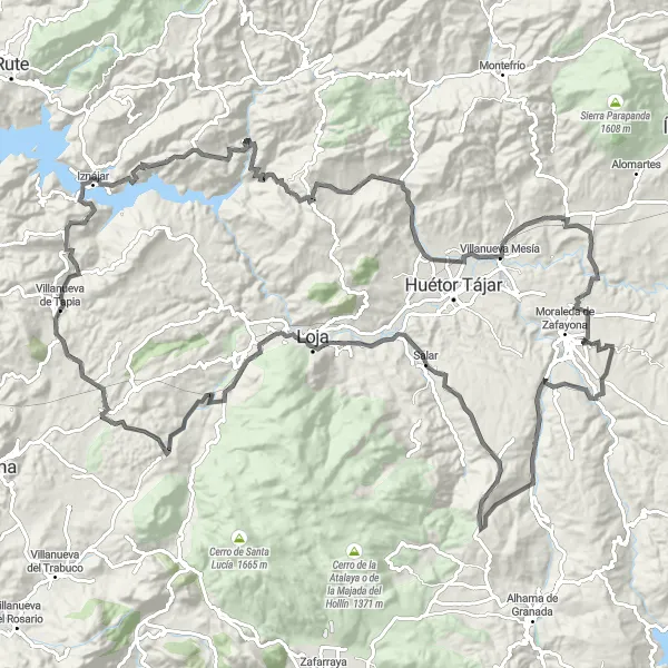 Miniatura della mappa di ispirazione al ciclismo "Giro in bicicletta di 149 km tra Villanueva de Tapia" nella regione di Andalucía, Spain. Generata da Tarmacs.app, pianificatore di rotte ciclistiche