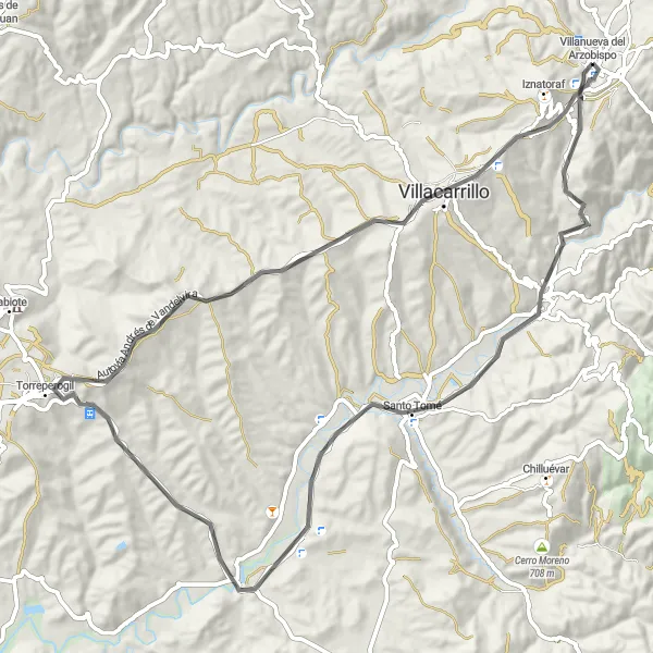 Miniatua del mapa de inspiración ciclista "Ruta de Ciclismo en Carretera, Villanueva del Arzobispo, Mogón, Santo Tomé, Torreperogil, Villacarrillo" en Andalucía, Spain. Generado por Tarmacs.app planificador de rutas ciclistas