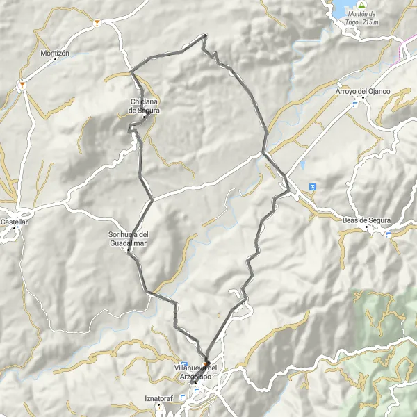 Miniaturní mapa "Okružní cyklistická trasa kolem Villanuevy del Arzobispo (Andalusie, Španělsko)" inspirace pro cyklisty v oblasti Andalucía, Spain. Vytvořeno pomocí plánovače tras Tarmacs.app