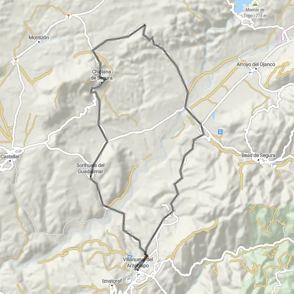 Miniatuurkaart van de fietsinspiratie "Fietsen door de natuurlijke schoonheid van Villanueva del Arzobispo" in Andalucía, Spain. Gemaakt door de Tarmacs.app fietsrouteplanner