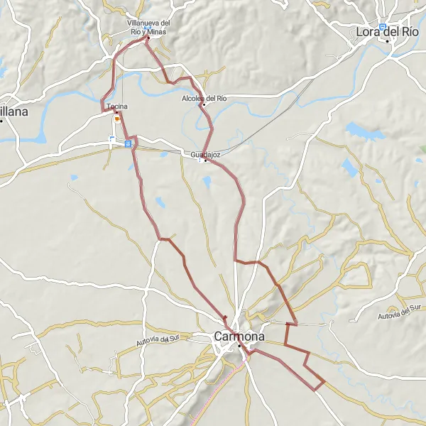 Map miniature of "Scenic Gravel Route to Alcolea del Río, Carmona, and El Carbonal" cycling inspiration in Andalucía, Spain. Generated by Tarmacs.app cycling route planner