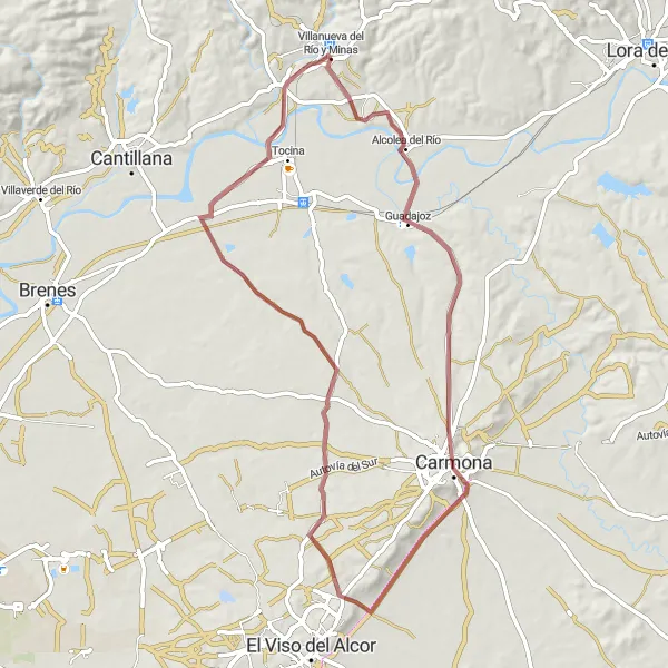 Miniaturní mapa "Scenic gravel route through Alcolea del Río, Carmona, and El Carbonal" inspirace pro cyklisty v oblasti Andalucía, Spain. Vytvořeno pomocí plánovače tras Tarmacs.app