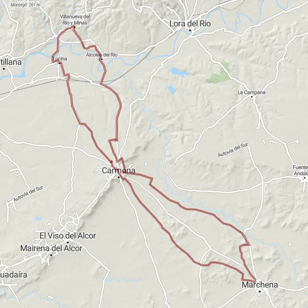 Map miniature of "Challenging Gravel Ride to Alcolea del Río, Alcázar del rey Don Pedro, Marchena, Carmona, and Tocina" cycling inspiration in Andalucía, Spain. Generated by Tarmacs.app cycling route planner