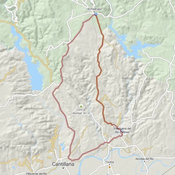 Miniaturní mapa "Scenic gravel loop through El Carbonal and Villanueva del Río y Minas" inspirace pro cyklisty v oblasti Andalucía, Spain. Vytvořeno pomocí plánovače tras Tarmacs.app