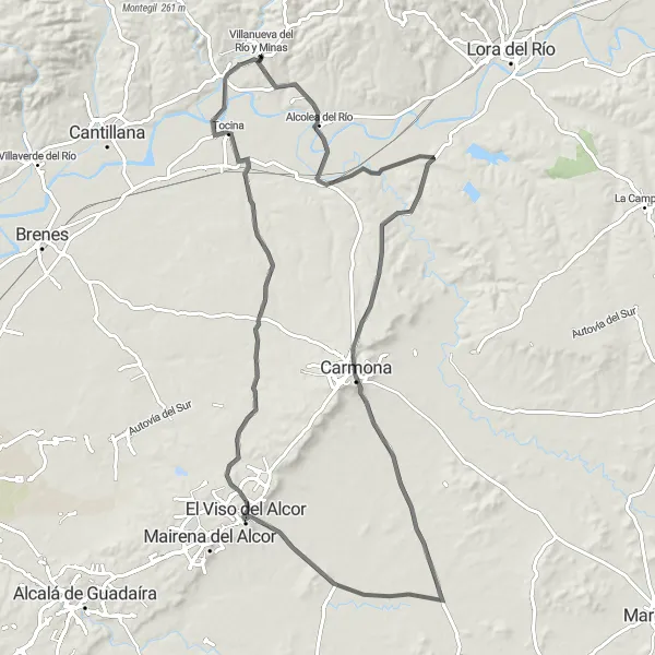 Map miniature of "Road Cycling Adventure from Alcolea del Río to Tocina" cycling inspiration in Andalucía, Spain. Generated by Tarmacs.app cycling route planner