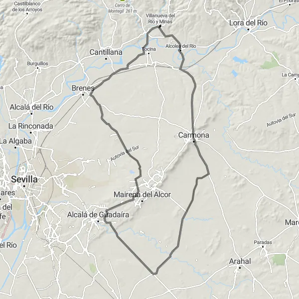 Miniaturní mapa "Cyklistická cesta do Alcolea del Río, Carmona, Castillo de Marchenilla a El Carbonal" inspirace pro cyklisty v oblasti Andalucía, Spain. Vytvořeno pomocí plánovače tras Tarmacs.app