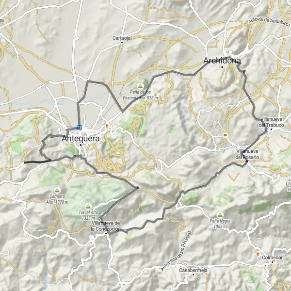 Miniature de la carte de l'inspiration cycliste "Parcours pittoresque à vélo autour de Villanueva del Rosario" dans la Andalucía, Spain. Générée par le planificateur d'itinéraire cycliste Tarmacs.app