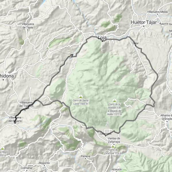 Miniatuurkaart van de fietsinspiratie "Adembenemende Road Cycling Route vanuit Villanueva del Rosario" in Andalucía, Spain. Gemaakt door de Tarmacs.app fietsrouteplanner