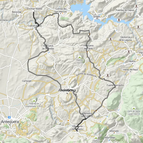 Miniature de la carte de l'inspiration cycliste "Exploration des villages autour de Villanueva del Rosario" dans la Andalucía, Spain. Générée par le planificateur d'itinéraire cycliste Tarmacs.app