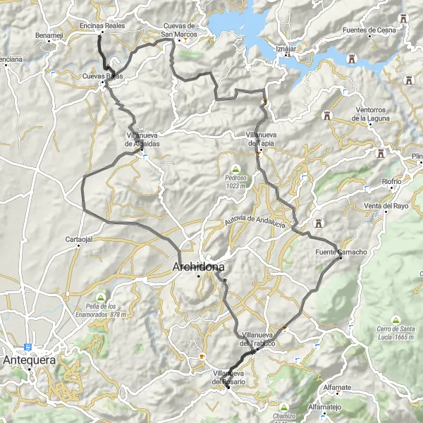 Miniatuurkaart van de fietsinspiratie "Wegronde van Villanueva del Rosario" in Andalucía, Spain. Gemaakt door de Tarmacs.app fietsrouteplanner